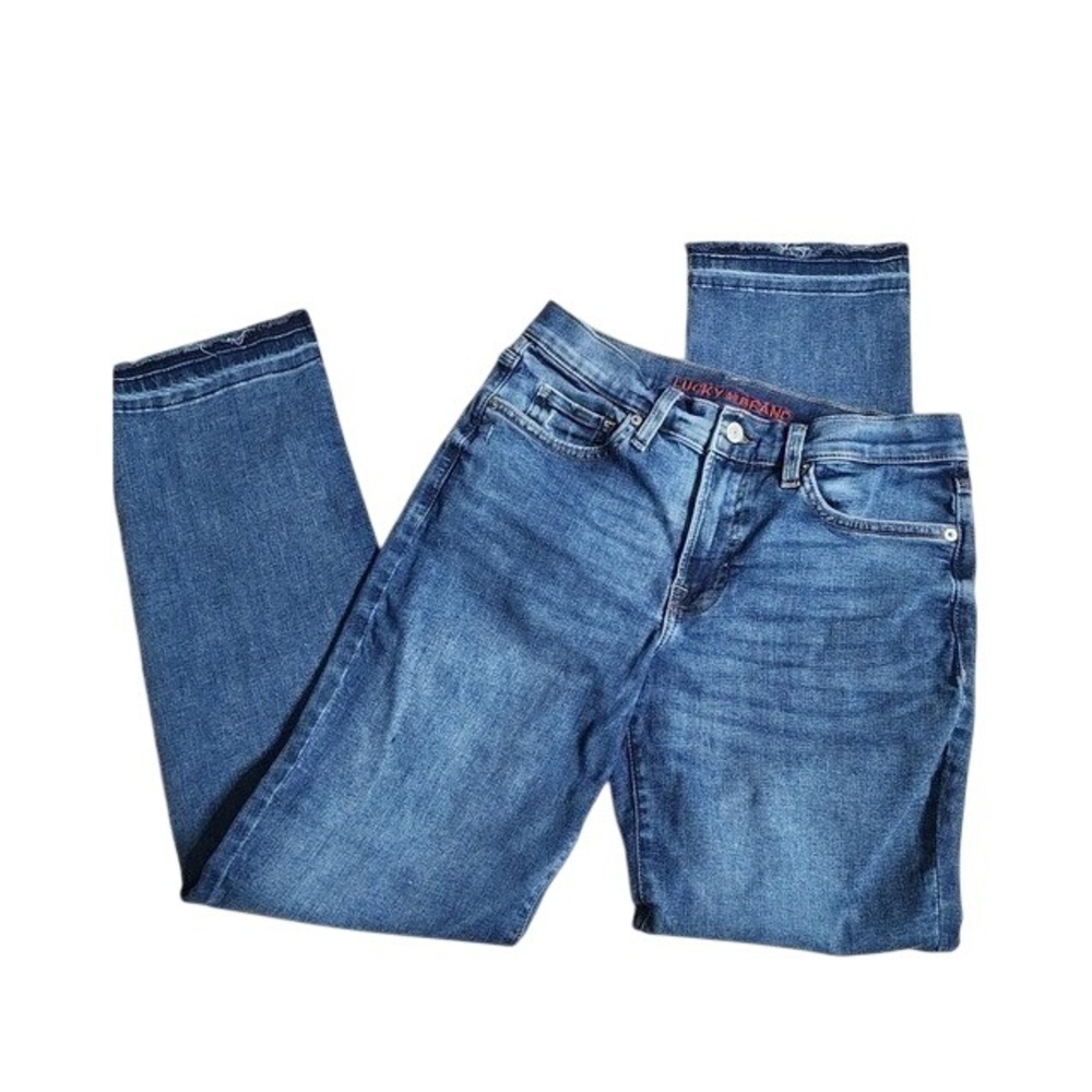 Lucky Brand Blue Jeans Straight Leg Mid Rise Raw Frayed Hem Medium Wash Denim 6
